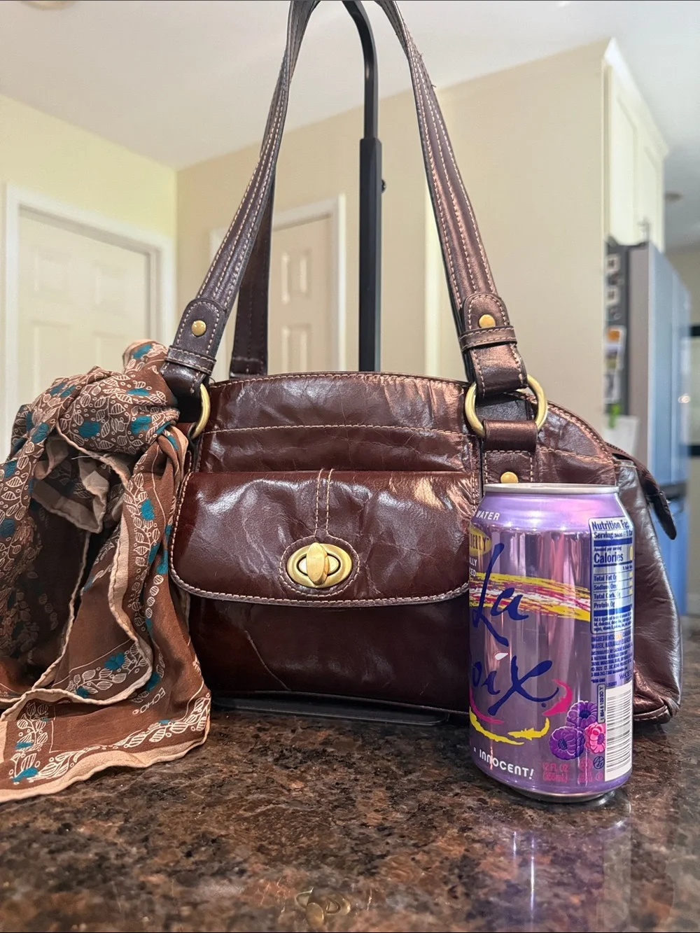 Vintage Apt. 9 Glossy Brown Dome Satchel Bag with Vintage Scarf Accent